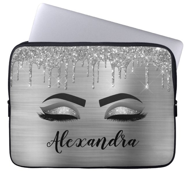 Silver Glitter Sparkle Eyelashes Monogram Laptopschutzhülle (Vorderseite)