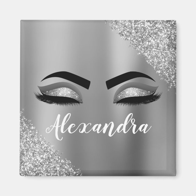 Silver Glitter Sparkle Eyelashes Monogram Magnet (Vorne)