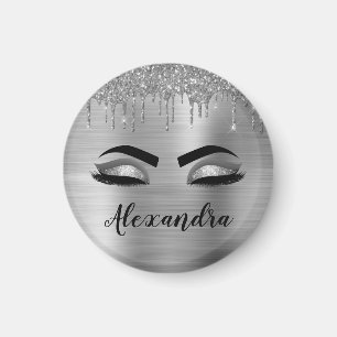 Silver Glitter Sparkle Eyelashes Monogram Magnet