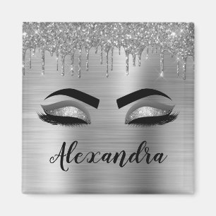 Silver Glitter Sparkle Eyelashes Monogram Magnet