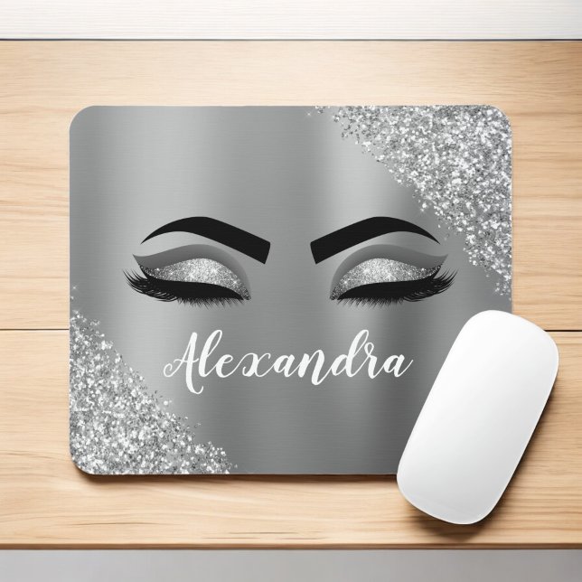 Silver Glitter Sparkle Eyelashes Monogram Mousepad (Von Creator hochgeladen)