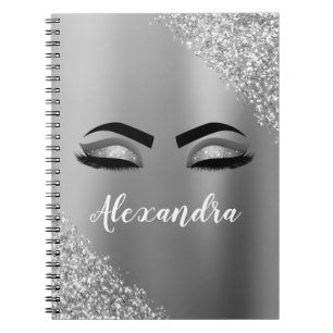 Silver Glitter Sparkle Eyelashes Monogram Notizblock