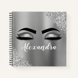 Silver Glitter Sparkle Eyelashes Monogram Notizbuch