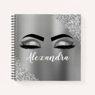 Silver Glitter Sparkle Eyelashes Monogram Notizbuch