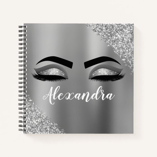 Silver Glitter Sparkle Eyelashes Monogram Notizbuch (Vorderseite)
