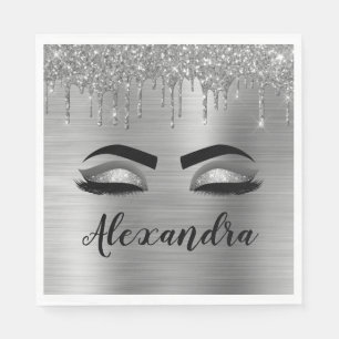 Silver Glitter Sparkle Eyelashes Monogram Serviette