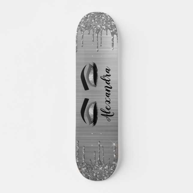 Silver Glitter Sparkle Eyelashes Monogram Skateboard (Vorne)