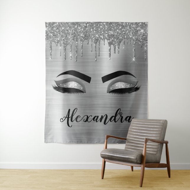 Silver Glitter Sparkle Eyelashes Monogram Wandteppich (Beispiel)