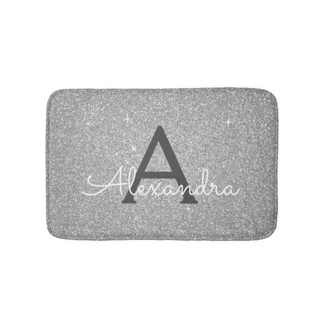 Silver Glitter Sparkle Monogram Bath Mat Badematte (Vorderseite)