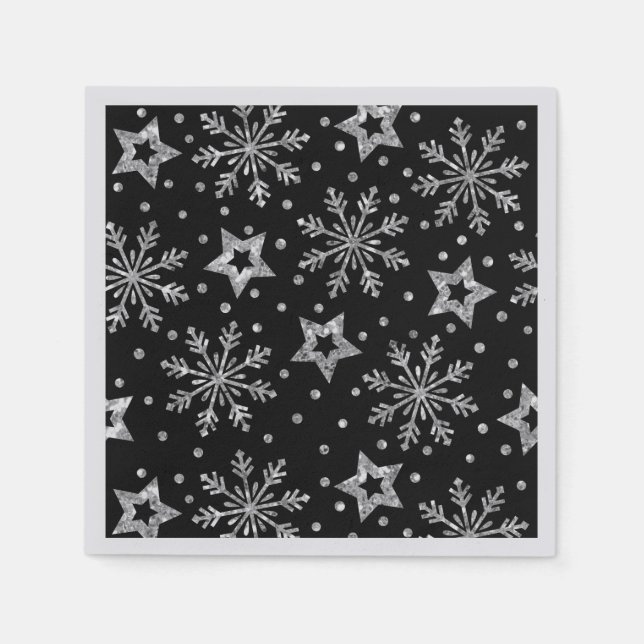 Silver Glitter Stars & Snowflakes Napkins Serviette (Vorderseite)
