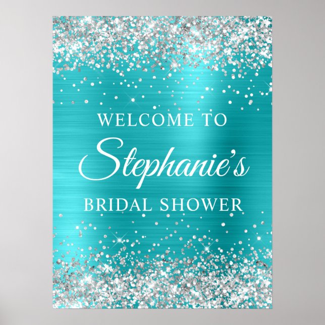 Silver Glitter Turqouise Blue Foil Bridal Shower Poster (Vorne)
