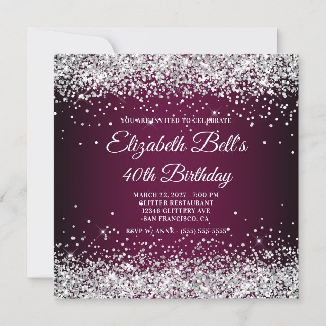 Silver Glitter Wine Dark Ombre 40th Birthday Einladung (Vorderseite)