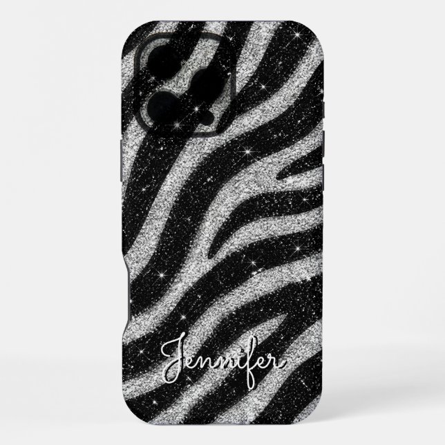 Silver Glitter Zebra Print Glam Personalized Name iPhone Hülle (Rückseite)