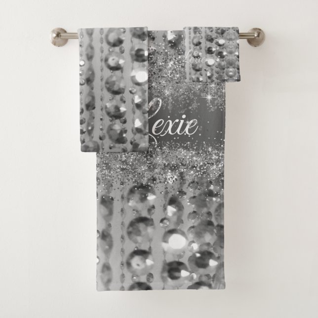 Silver Glittery Beads Personalisiert Badhandtuch Set (Insitu)