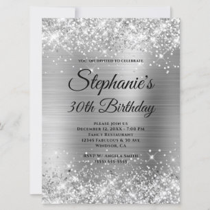 Silver Glittery Foil Extravagant Monogram 30. Gebu Einladung