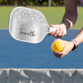 Silver Glittery Glam Shimmer Gradient Script Name Pickleball Schläger