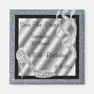 Silver Glittery Stiletto & Streamers 35. Geburtsta Magnet