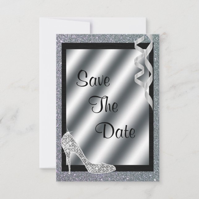 Silver Glittery Stiletto & Streamers 60. Geburtsta Save The Date (Vorderseite)