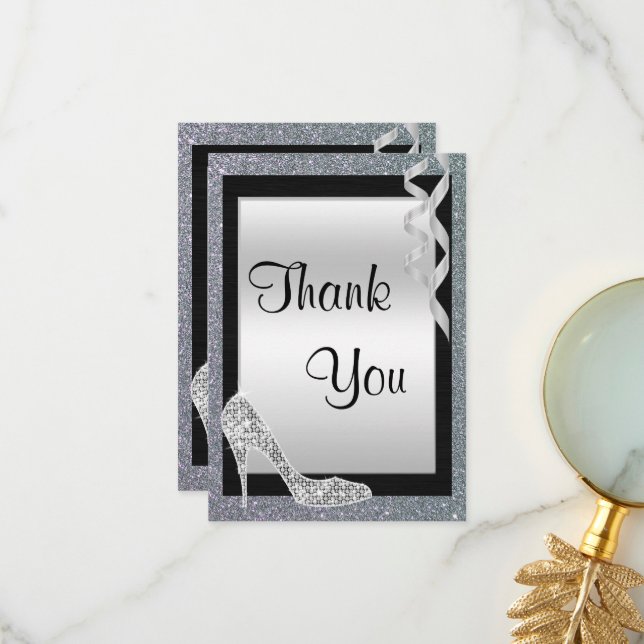 Silver Glittery Stiletto & Streamers Vielen Dank Dankeskarte (Vorderseite/Rückseite Beispiel)