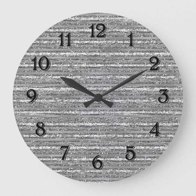 Silver Glittery Streifen Große Wanduhr (Vorderseite)
