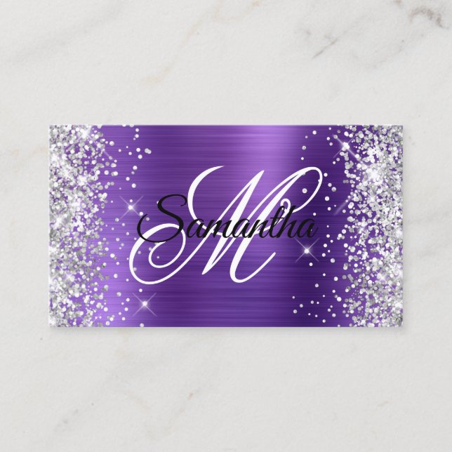 Silver Glitzer Amethyst Lila Foil Extravagant Mono Visitenkarte (Vorderseite)