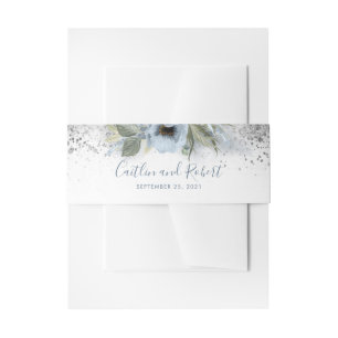 Silver Glitzer and Dusty Blue Floral Wedding Einladungsbanderole