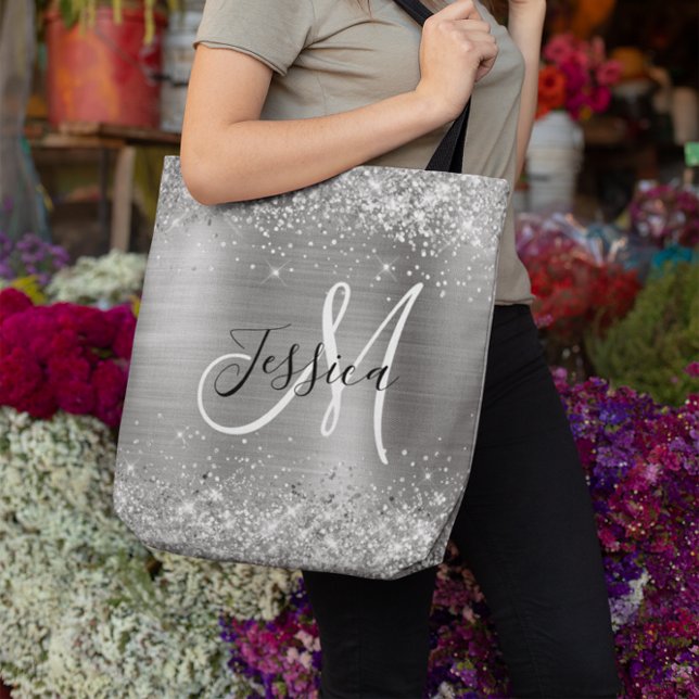 Silver Glitzer and Foil Girl Mit Monogramm (Silver Glitter and Foil Girly Monogrammed Tote Bag)
