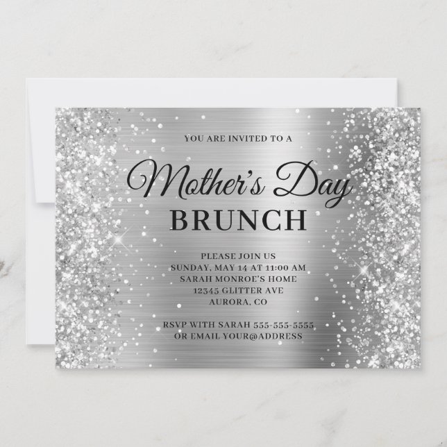 Silver Glitzer and Foil Mother's Day Brunch Einladung (Vorderseite)