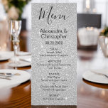 Silver Glitzer and Sparkle Wedding Menu Menükarte<br><div class="desc">Silver Glitzer und Sparkle Wedding Menu. Dieses mädchenhafte,  moderne Script Wedding Menu kann auf die Namen der Braut und des Bräutigam,  den Hochzeitstag und die Menüoptionen für das Hochzeitsessen angepasst werden.</div>