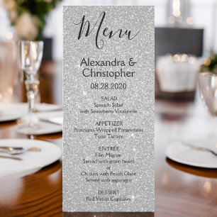 Silver Glitzer and Sparkle Wedding Menu Menükarte