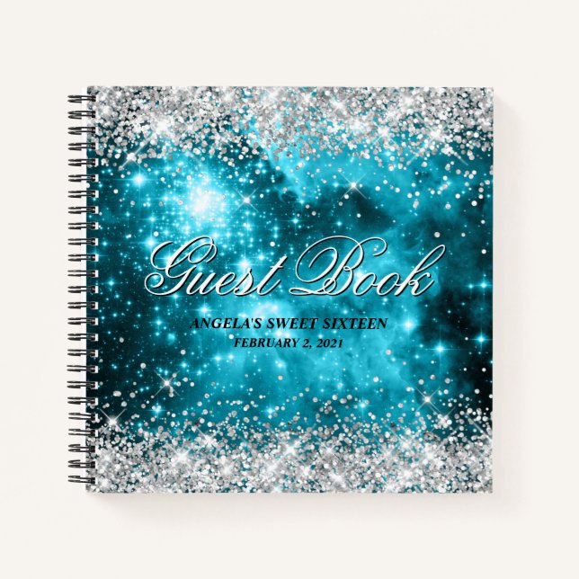 Silver Glitzer Aqua Aquamarin Celestial Birthday G Notizbuch (Vorderseite)