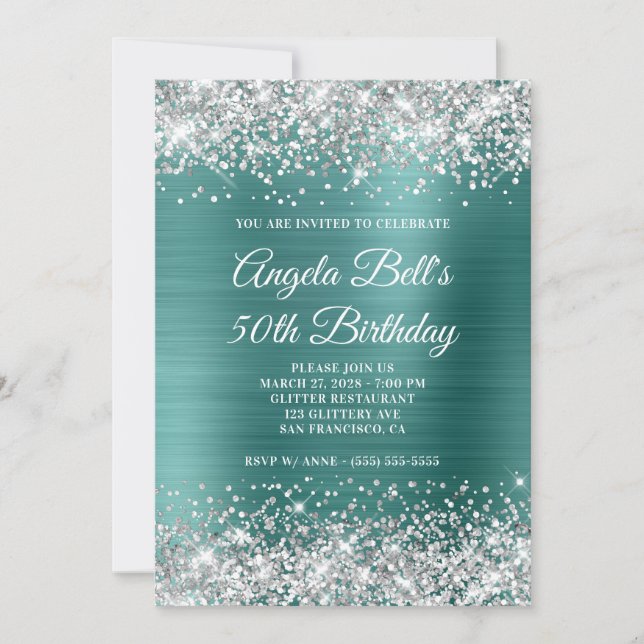 Silver Glitzer Aqua Aquamarin Foil 50. Geburtstag Einladung (Vorderseite)