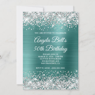 Silver Glitzer Aqua Aquamarin Foil 50. Geburtstag Einladung