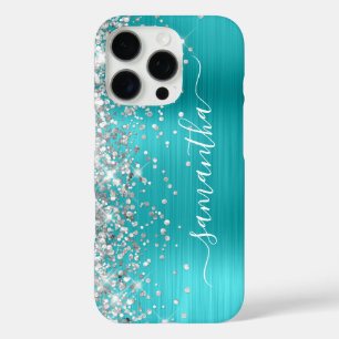 Silver Glitzer Aqua Blue Metallic Girly Signature iPhone 16 Pro Hülle