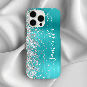 Silver Glitzer Aqua Blue Metallic Girly Signature iPhone 16 Pro Max Hülle