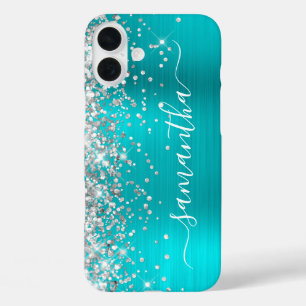 Silver Glitzer Aqua Blue Metallic Girly Signature iPhone 16 Plus Hülle
