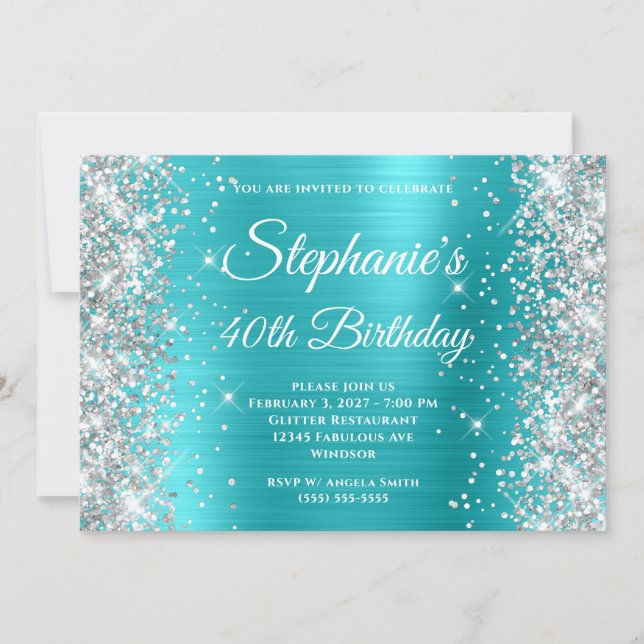 Silver Glitzer Aqua Blue Monogram 40. Geburtstag Einladung (Vorderseite)