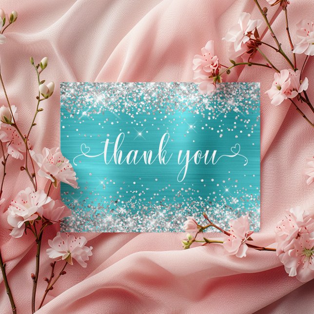 Silver Glitzer Aqua Blue Sweet 16 Herzen Vielen Da Postkarte (Silver Glitter Aqua Blue Sweet 16 Hearts Thank You Postcard)