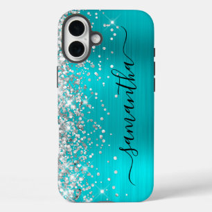 Silver Glitzer Aqua Metallic Girl Black Signature iPhone 16 Plus Hülle
