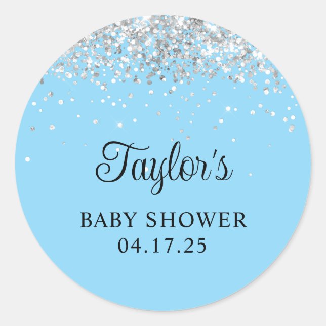 Silver Glitzer Baby Blue Dusche Runder Aufkleber (Vorderseite)