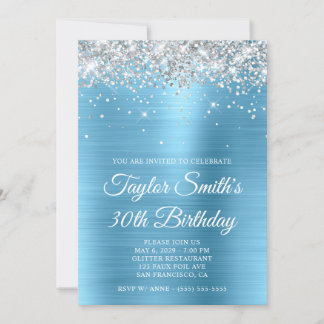 Silver Glitzer Baby Blue Glam 30. Geburtstag Einladung