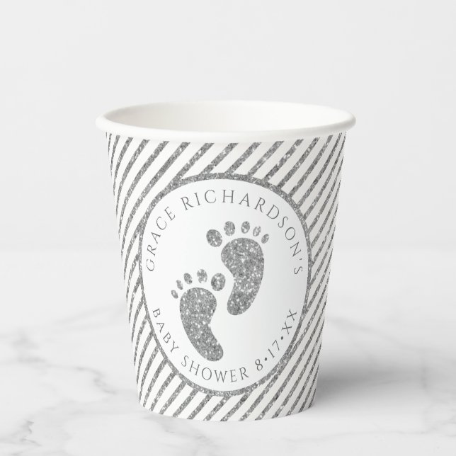 Silver Glitzer Baby Feet Babydusche Personalisiert Pappbecher (Vorderseite)