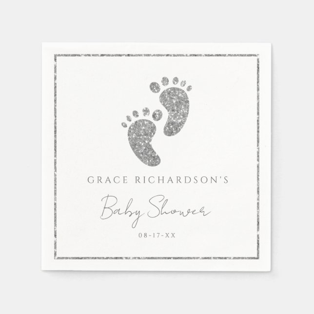 Silver Glitzer Baby Feet Babydusche Personalisiert Serviette (Vorderseite)