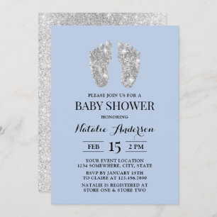 Silver Glitzer Baby Feet Light Blue Baby Dusche Einladung