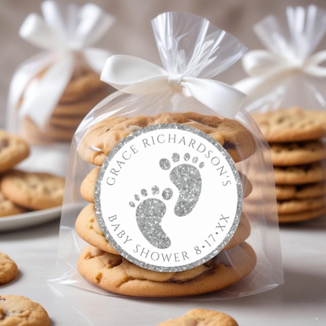 Silver Glitzer Baby Showaufkleber Runder Aufkleber (Silver Glitter Baby Feet Favor Sticker)