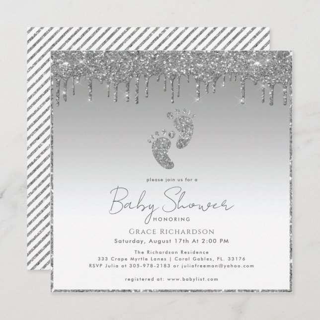 Silver Glitzer Baby Shower Einladung (Vorne/Hinten)