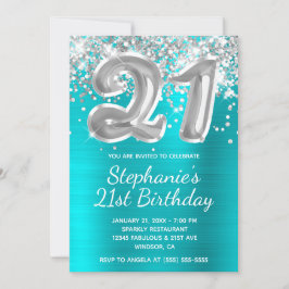 Silver Glitzer Balloon Türkis 21. Geburtstag Einladung