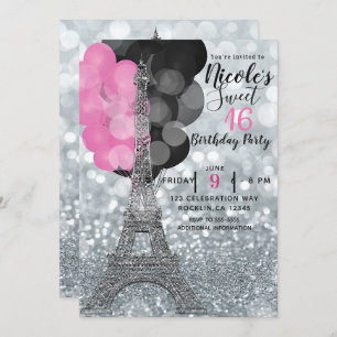 Silver Glitzer & Balloons Paris Eiffel Tower Party Einladung