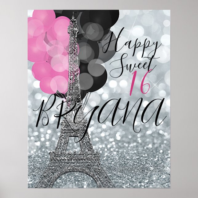 Silver Glitzer & Balloons Paris Eiffel Tower Party Poster (Vorne)