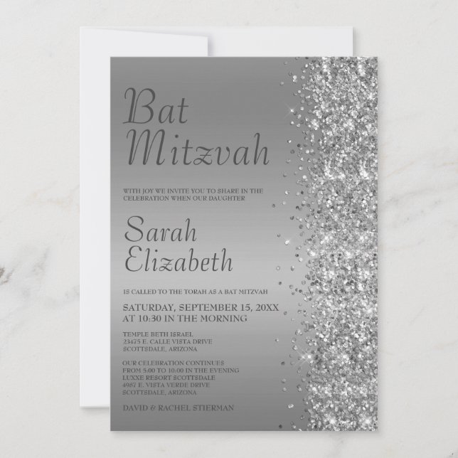 Silver Glitzer Bat Mitzvah Einladung (Vorderseite)